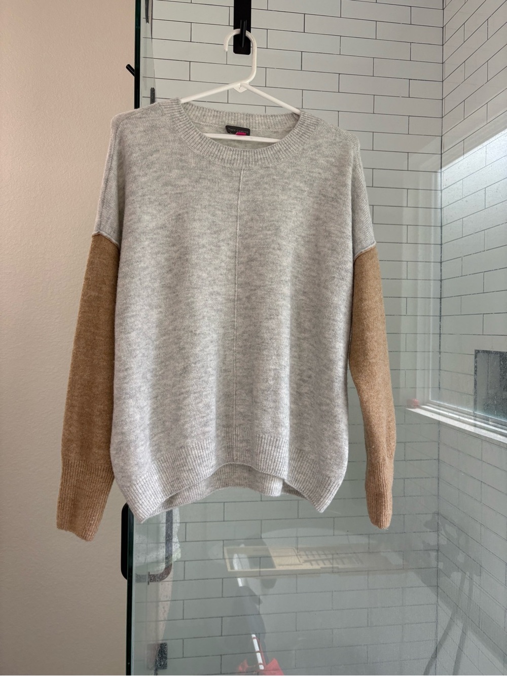 Vince Camuto Gray Crewneck Sweater with Brown Sleeves